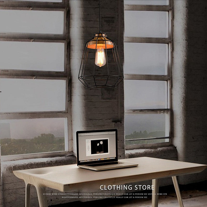 Wrought Iron Black Hanging Light in Industrial Vintage Style Wooden Single Pendant Light with Iron Frame