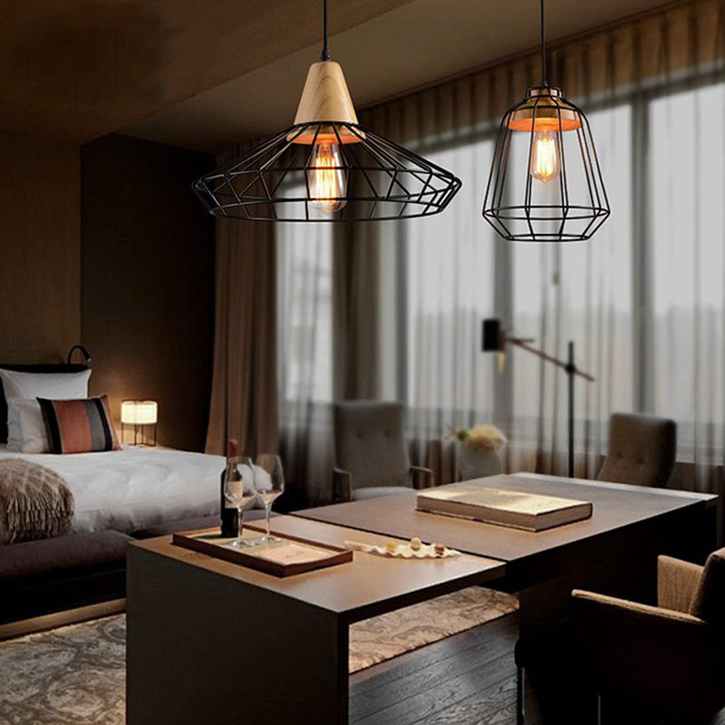 Wrought Iron Black Hanging Light in Industrial Vintage Style Wooden Single Pendant Light with Iron Frame