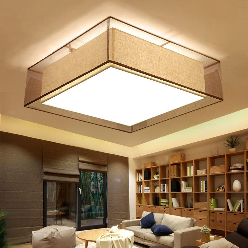 Brown Square Ceiling Light in Traditional Concise Style Wrought Iron Flush Mount with Fabrics Shade