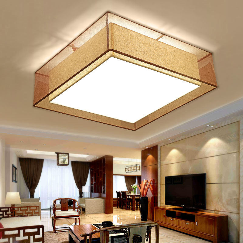 Brown Square Ceiling Light in Traditional Concise Style Wrought Iron Flush Mount with Fabrics Shade