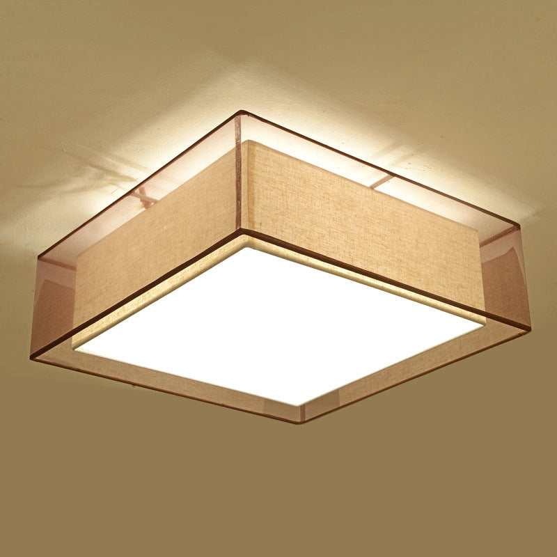 Brown Square Ceiling Light in Traditional Concise Style Wrought Iron Flush Mount with Fabrics Shade