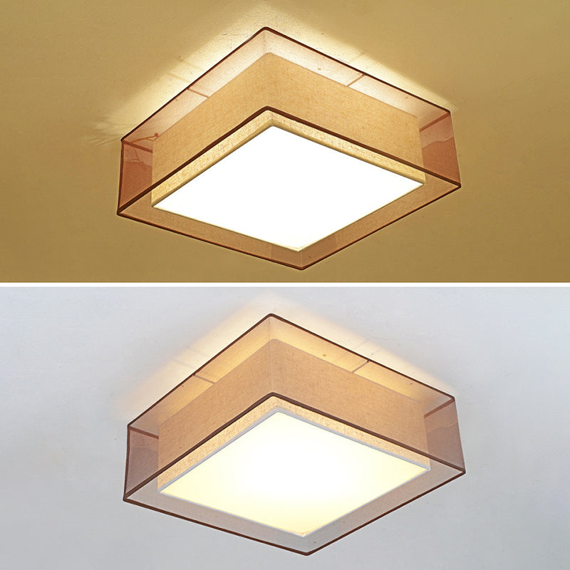 Brown Square Ceiling Light in Traditional Concise Style Wrought Iron Flush Mount with Fabrics Shade