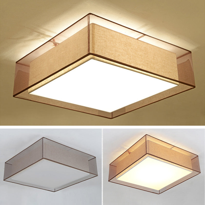 Brown Square Ceiling Light in Traditional Concise Style Wrought Iron Flush Mount with Fabrics Shade