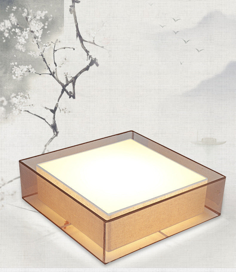 Brown Square Ceiling Light in Traditional Concise Style Wrought Iron Flush Mount with Fabrics Shade