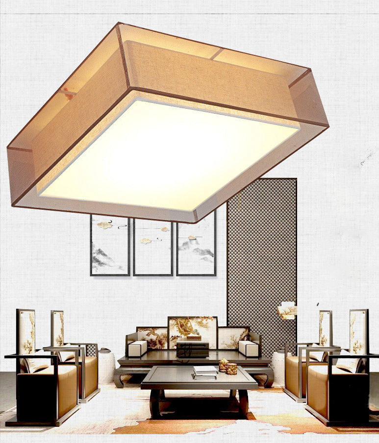 Brown Square Ceiling Light in Traditional Concise Style Wrought Iron Flush Mount with Fabrics Shade
