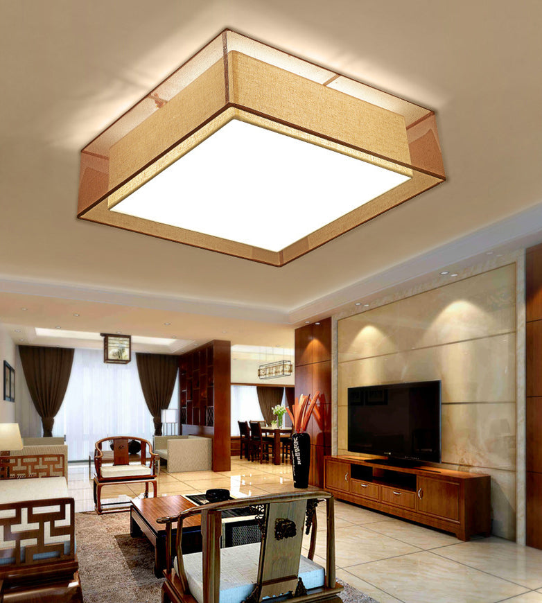 Brown Square Ceiling Light in Traditional Concise Style Wrought Iron Flush Mount with Fabrics Shade