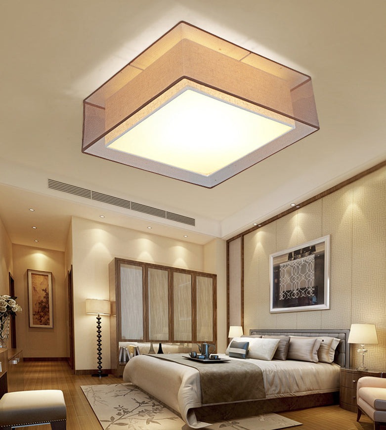 Brown Square Ceiling Light in Traditional Concise Style Wrought Iron Flush Mount with Fabrics Shade