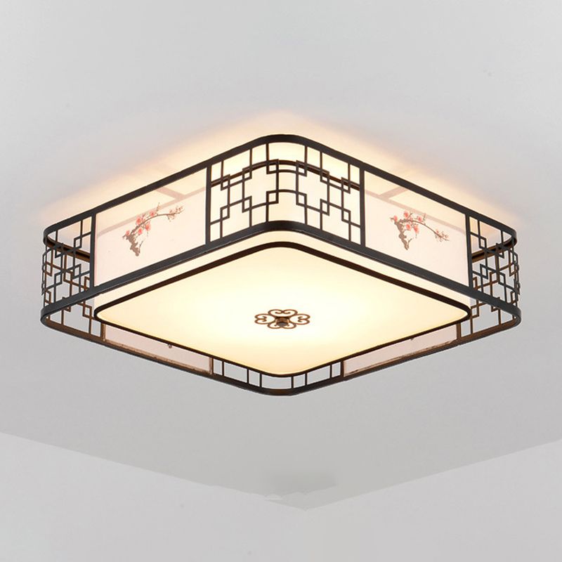 Noir 5-Fixation du plafond de la lumière dans le style traditionnel Concise en fer forgé Geometric Flush Mount with Embroidered Fabrics Shade