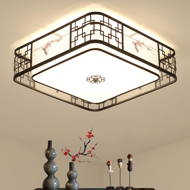 Noir 5-Fixation du plafond de la lumière dans le style traditionnel Concise en fer forgé Geometric Flush Mount with Embroidered Fabrics Shade