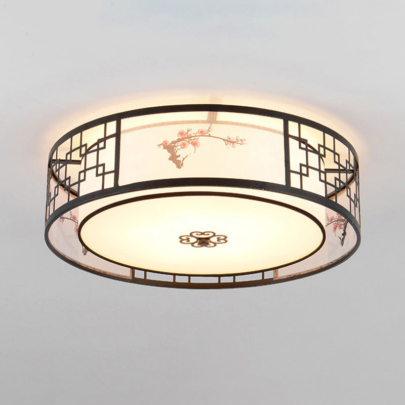 Noir 5-Fixation du plafond de la lumière dans le style traditionnel Concise en fer forgé Geometric Flush Mount with Embroidered Fabrics Shade