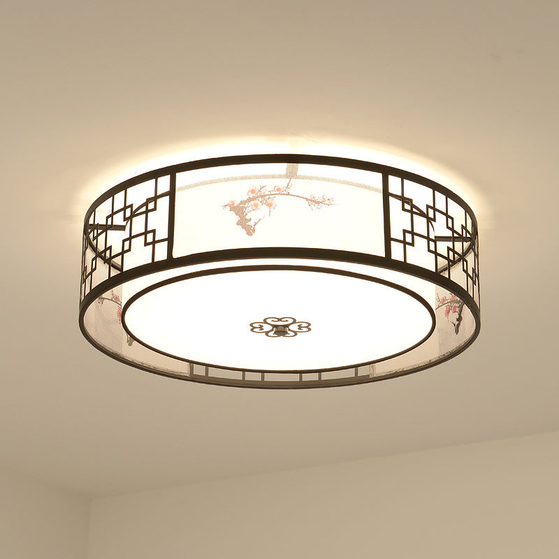 Noir 5-Fixation du plafond de la lumière dans le style traditionnel Concise en fer forgé Geometric Flush Mount with Embroidered Fabrics Shade