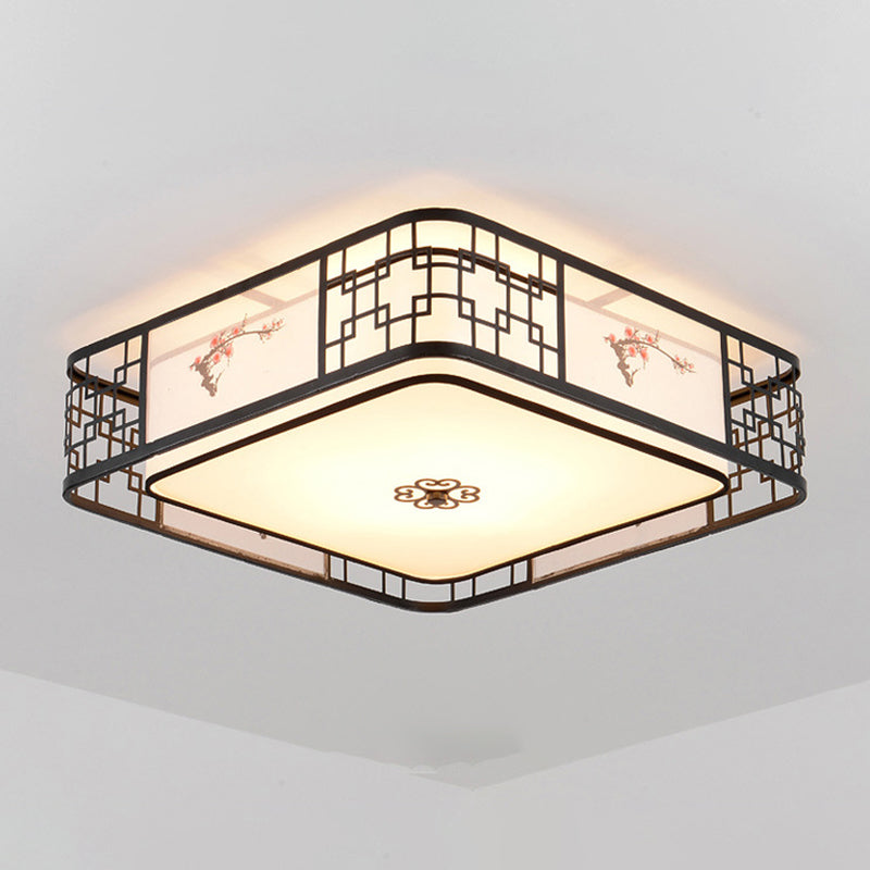 Noir 5-Fixation du plafond de la lumière dans le style traditionnel Concise en fer forgé Geometric Flush Mount with Embroidered Fabrics Shade
