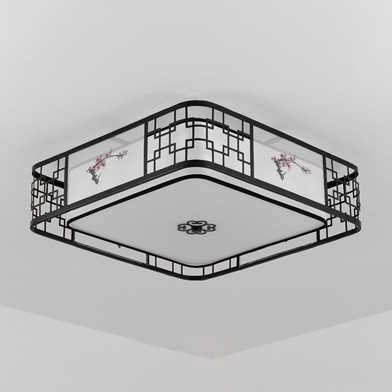 Noir 5-Fixation du plafond de la lumière dans le style traditionnel Concise en fer forgé Geometric Flush Mount with Embroidered Fabrics Shade