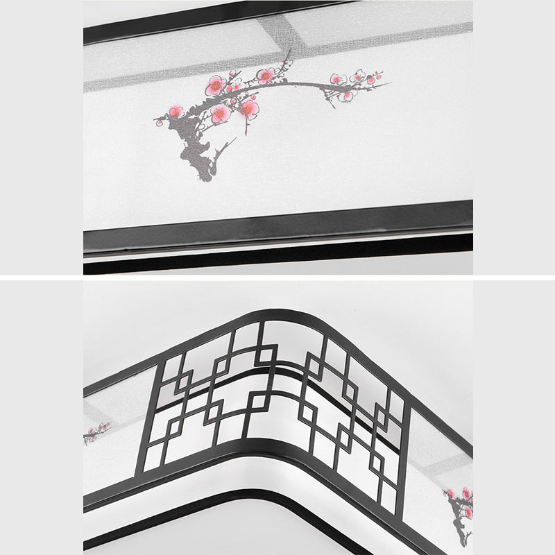 Noir 5-Fixation du plafond de la lumière dans le style traditionnel Concise en fer forgé Geometric Flush Mount with Embroidered Fabrics Shade