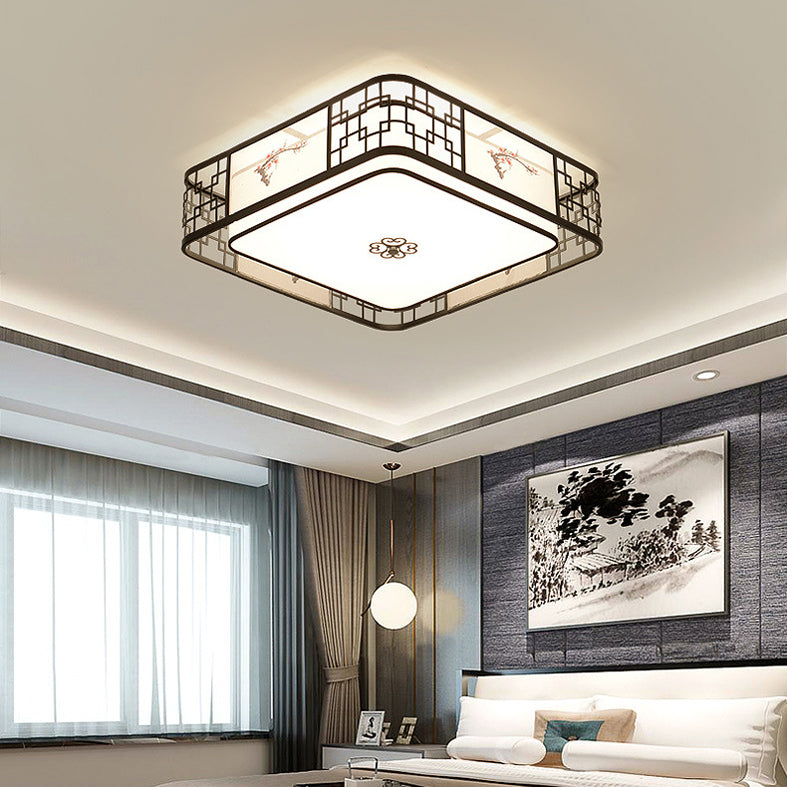 Noir 5-Fixation du plafond de la lumière dans le style traditionnel Concise en fer forgé Geometric Flush Mount with Embroidered Fabrics Shade