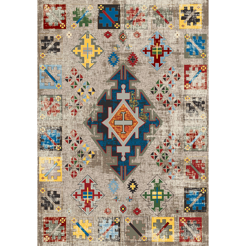 Grey Tone Antique Area Carpet Polyester Tribal Print Indoor Rug Anti-Slip Backing Carpet for Bedroom