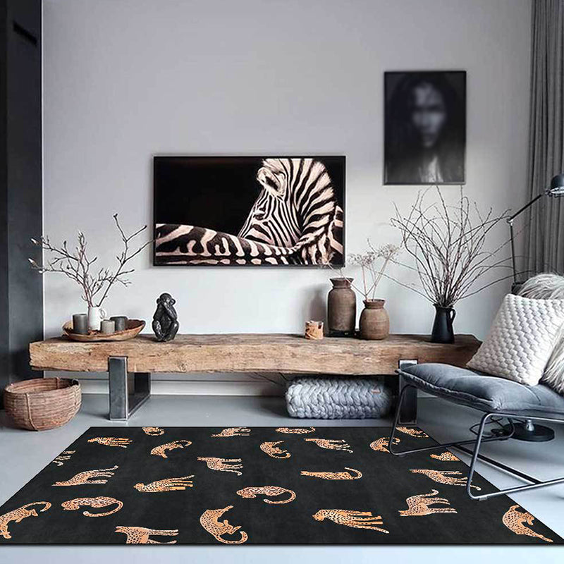 Trendy Leopard Pattern Rug Black Contemporary Area Carpet Anti-Slip Backing Rug for Living Room