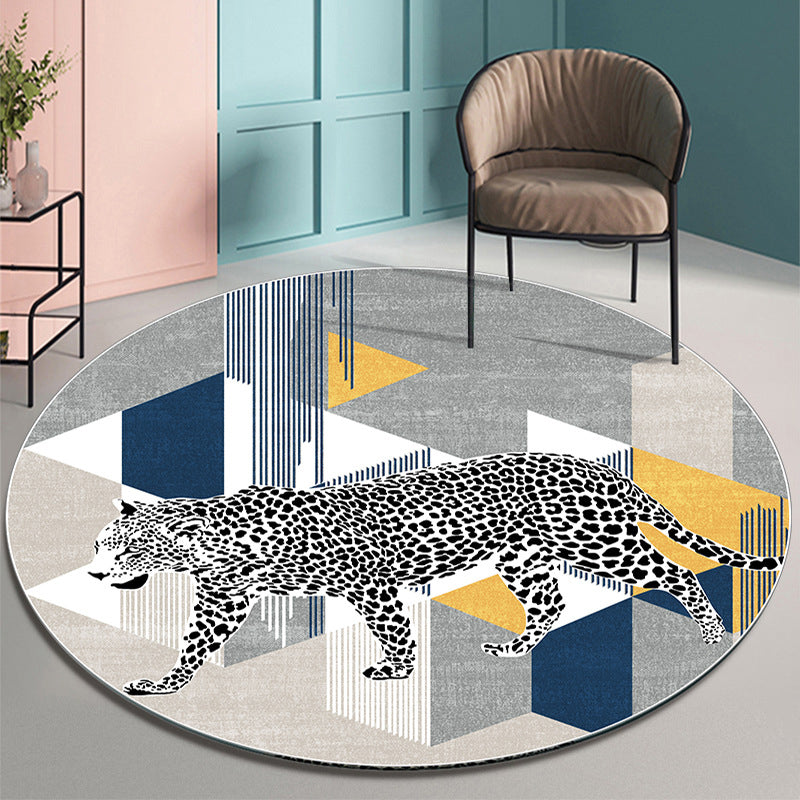 Gray Modern Round Area Rug Individuality Leopard Pattern Rug Stain Resistant Carpet for Home Decor