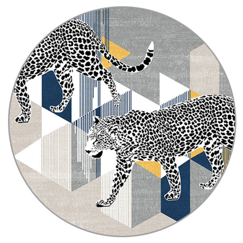 Gray Modern Round Area Rug Individuality Leopard Pattern Rug Stain Resistant Carpet for Home Decor