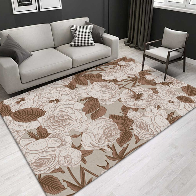 Natural Floral Printed Rug Trendy Polyester Area Rug Non-Slip Backing Carpet for Living Room