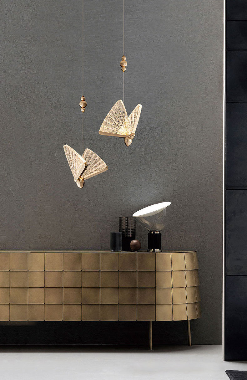 Gold Butterfly Pendant Light in Modern Creative Style Wrought Iron Hanging Light with Acrylic Shade