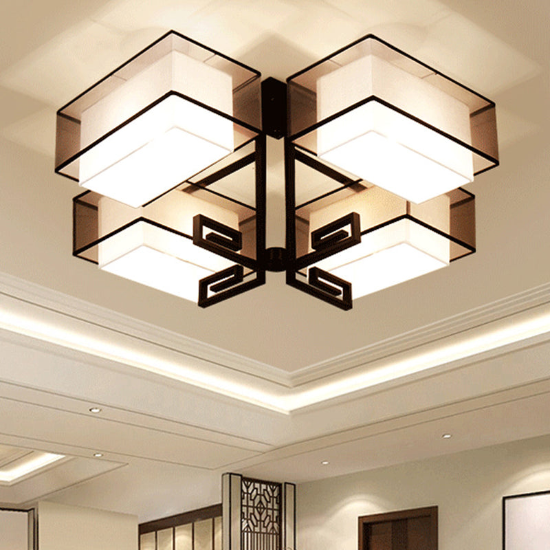 Plafoniera quadrata da incasso a 4 luci in stile classico tradizionale in ferro battuto con paralume in lino