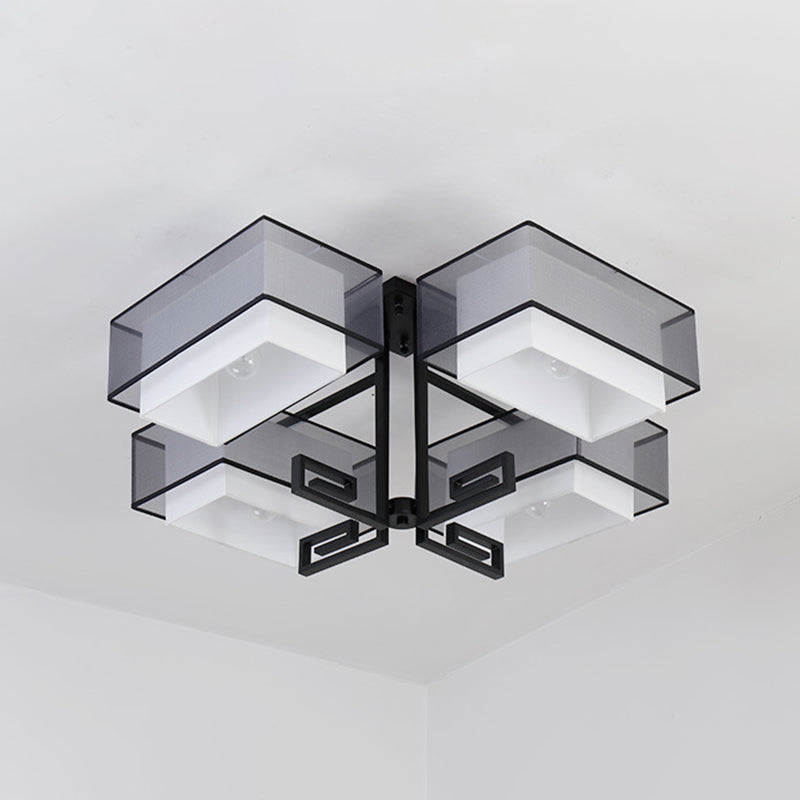 Plafoniera quadrata da incasso a 4 luci in stile classico tradizionale in ferro battuto con paralume in lino