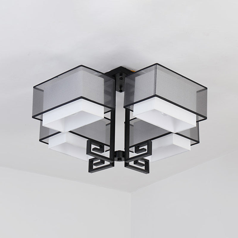 Plafoniera quadrata da incasso a 4 luci in stile classico tradizionale in ferro battuto con paralume in lino