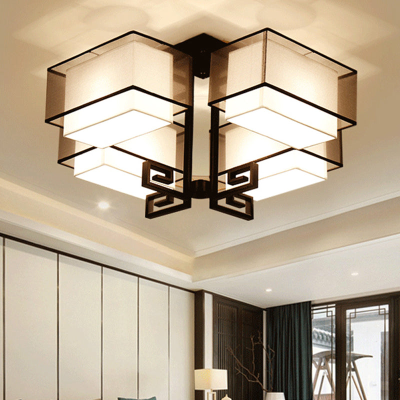 Plafoniera quadrata da incasso a 4 luci in stile classico tradizionale in ferro battuto con paralume in lino