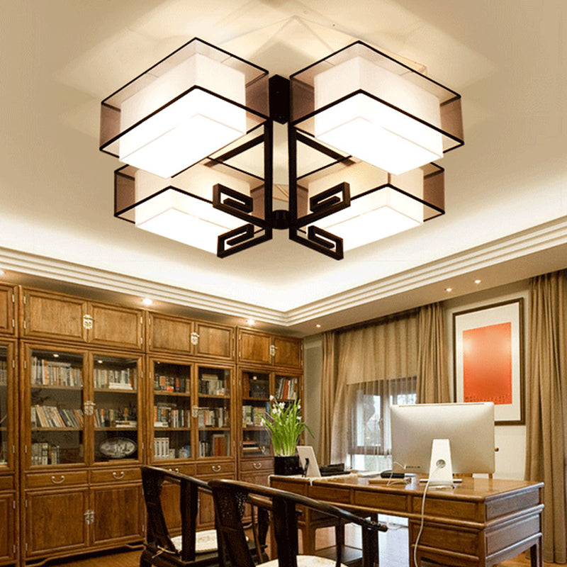 Plafoniera quadrata da incasso a 4 luci in stile classico tradizionale in ferro battuto con paralume in lino