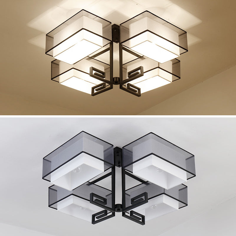 Plafoniera quadrata da incasso a 4 luci in stile classico tradizionale in ferro battuto con paralume in lino