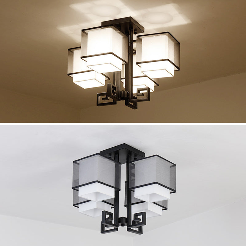 Plafoniera quadrata da incasso a 4 luci in stile classico tradizionale in ferro battuto con paralume in lino