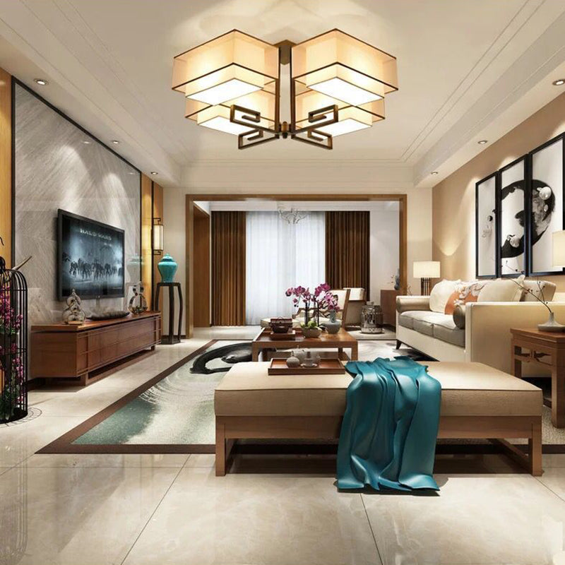 Plafoniera quadrata da incasso a 4 luci in stile classico tradizionale in ferro battuto con paralume in lino