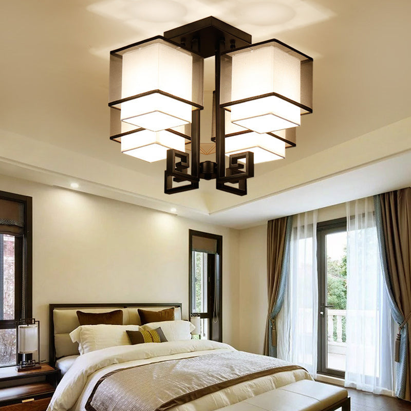 Plafoniera quadrata da incasso a 4 luci in stile classico tradizionale in ferro battuto con paralume in lino