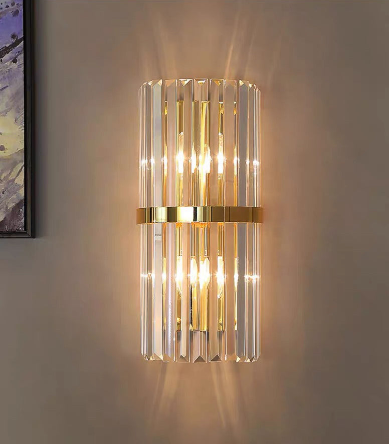 Gold Cylindrical Wall Lamp in Modern Luxury Style Carbon Steel Wall Sconce with Crystal Shade