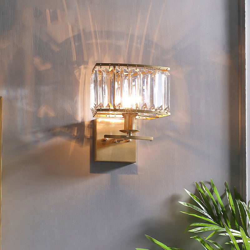 Gold Rectangular Wall Sconce in Modern Luxury Style Copper Wall Lamp with Crystal Shade