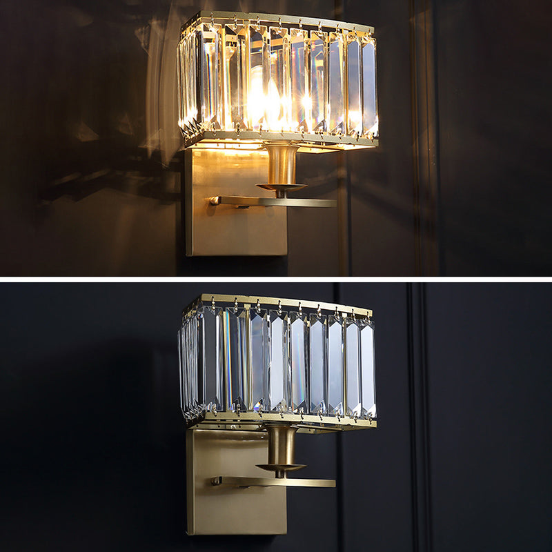 Gold Rectangular Wall Sconce in Modern Luxury Style Copper Wall Lamp with Crystal Shade
