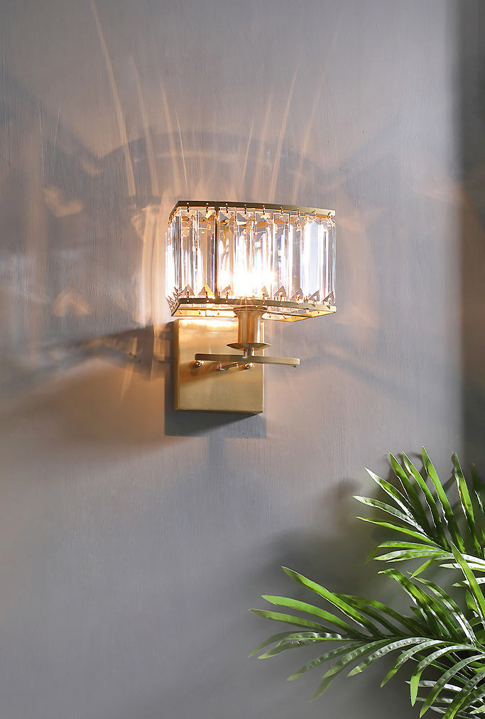 Gold Rectangular Wall Sconce in Modern Luxury Style Copper Wall Lamp with Crystal Shade