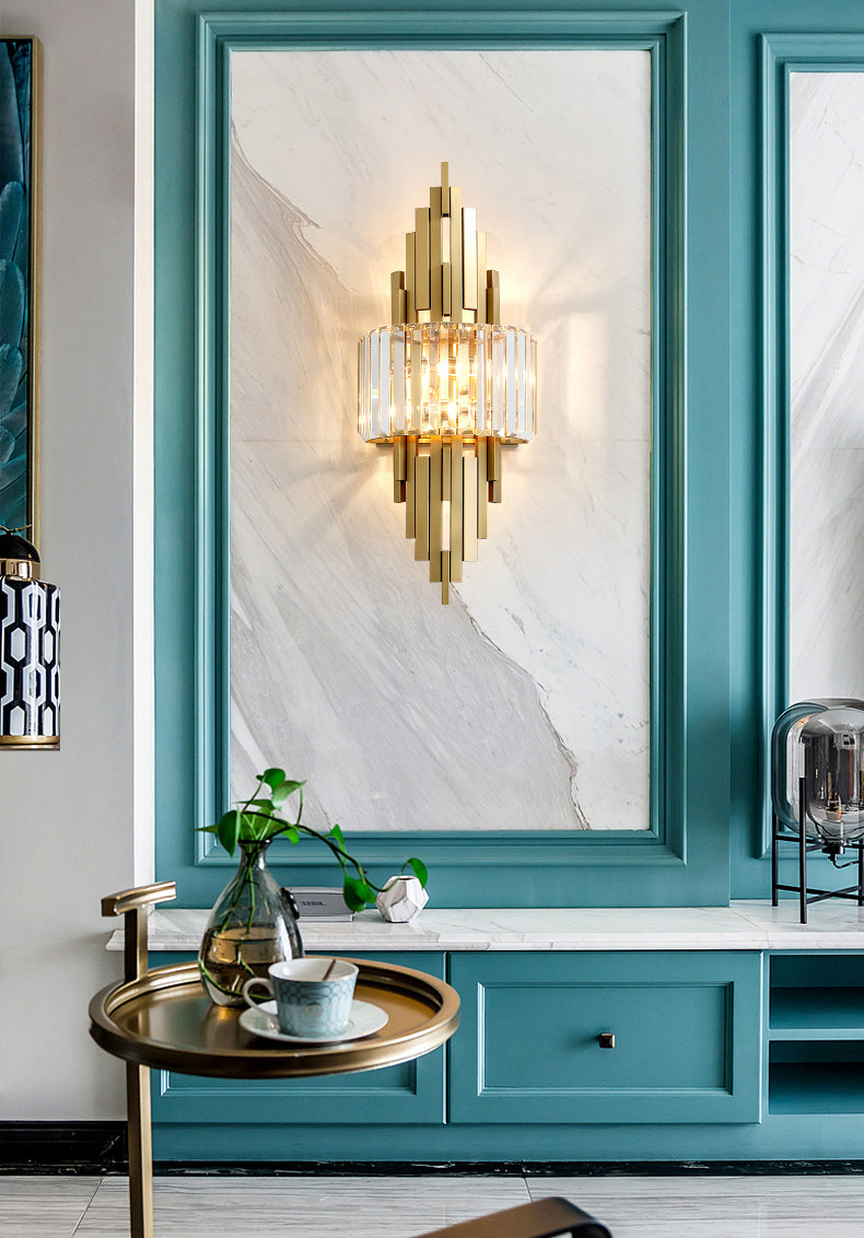 Brass Geometric Wall Sconce in Modern Creative Style Wrought Iron Wall Lamp with Crystal Shade