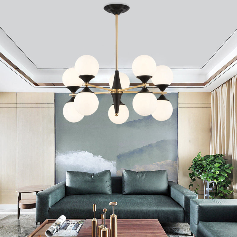 Globe Chandelier Post-modern White Glass Living Room Hanging Light in Black and Gold