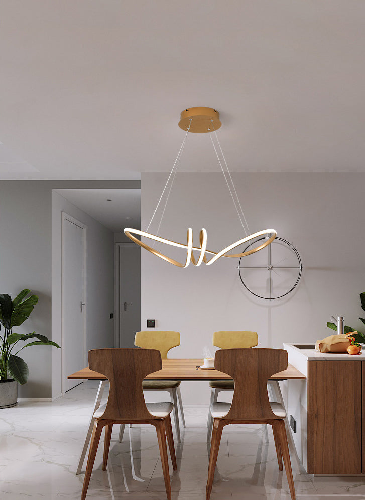 Minimalist Line Art Chandelier Metal Dining Room LED Hanging Pendant Light in Gold