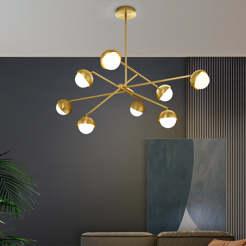 Postmodern Sputnik Chandelier Metal Living Room Pendant Light with White Glass Shade