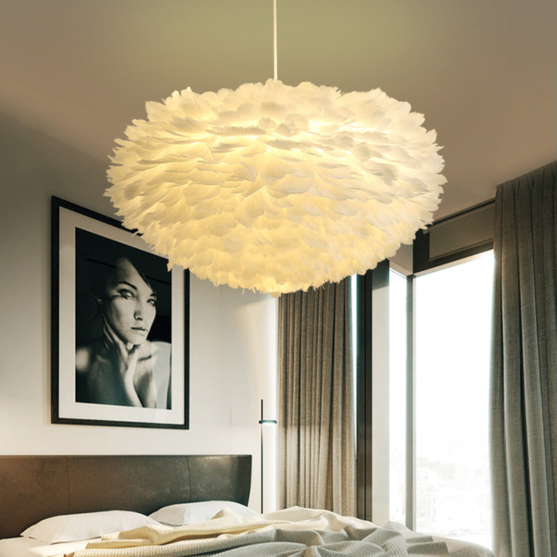 White Drum Pendant Light in Modern Creative Style Wrought Iron Chandelier with Feather Shade