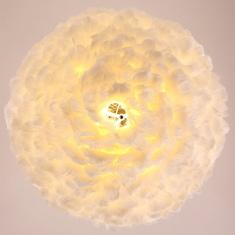 White Drum Pendant Light in Modern Creative Style Wrought Iron Chandelier with Feather Shade