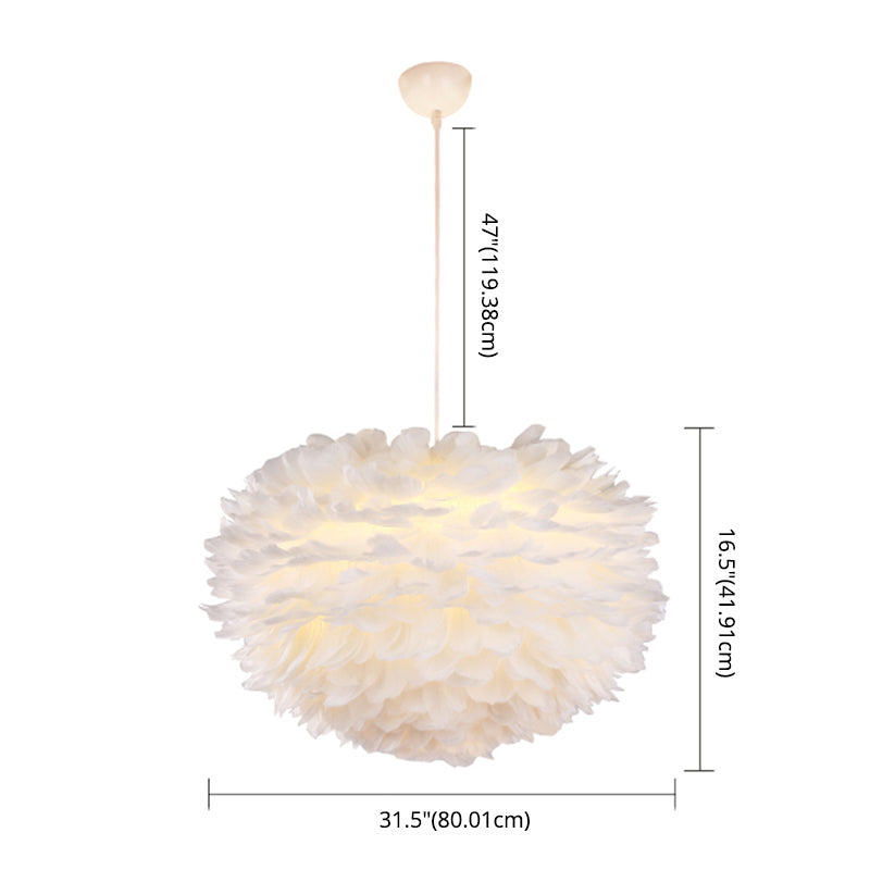 White Drum Pendant Light in Modern Creative Style Wrought Iron Chandelier with Feather Shade