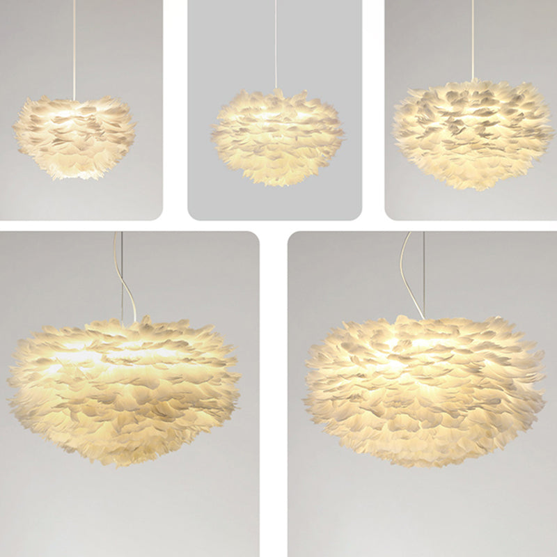 White Drum Pendant Light in Modern Creative Style Wrought Iron Chandelier with Feather Shade