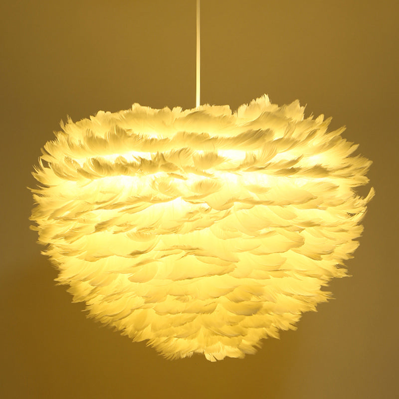 White Drum Pendant Light in Modern Creative Style Wrought Iron Chandelier with Feather Shade