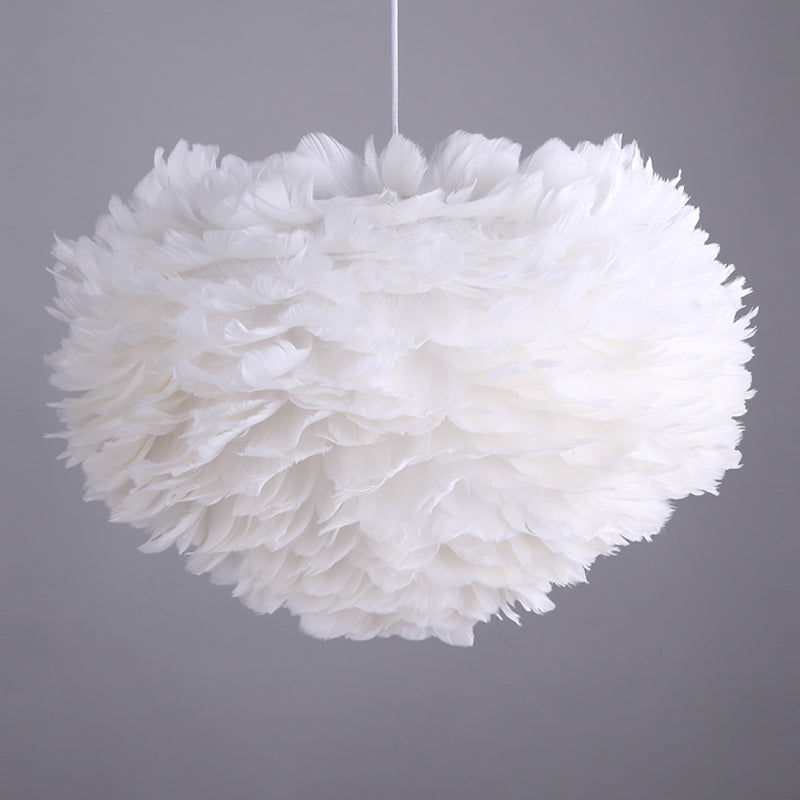 White Drum Pendant Light in Modern Creative Style Wrought Iron Chandelier with Feather Shade