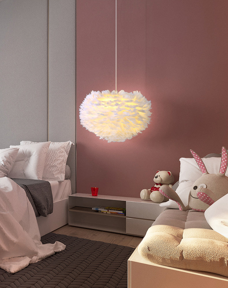 White Drum Pendant Light in Modern Creative Style Wrought Iron Chandelier with Feather Shade