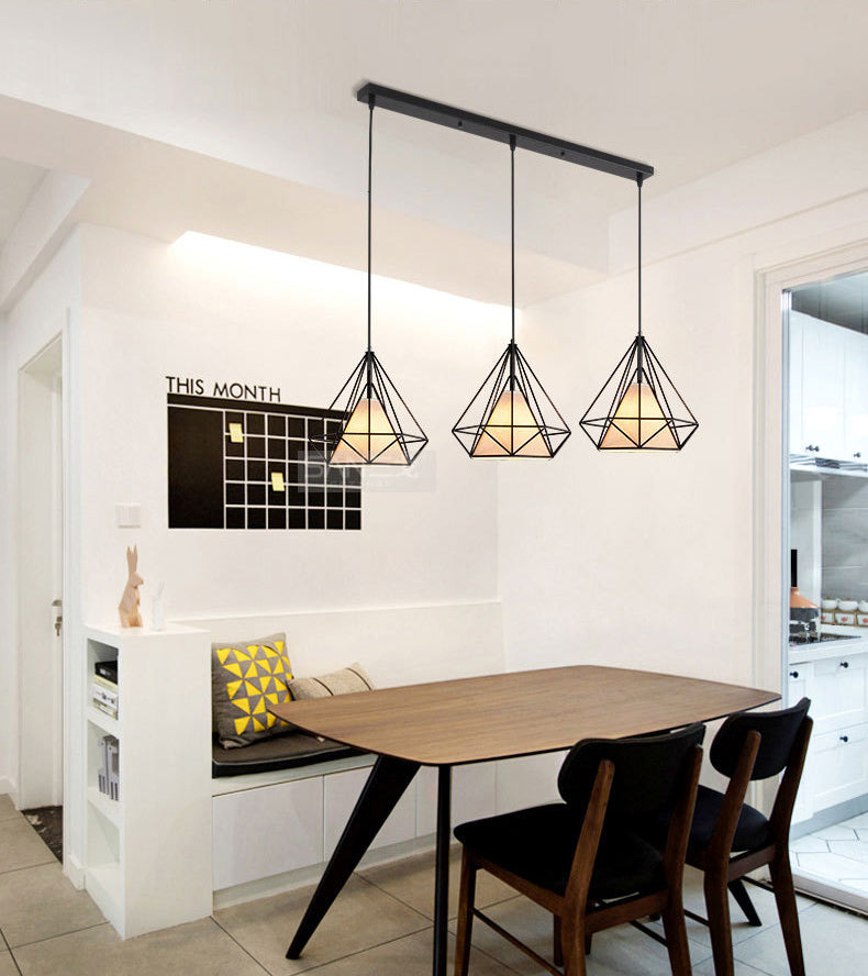 3 Lights Diamond Pendant Industrial Metal Ceiling Pendant with Hanging Cord for Restaurant